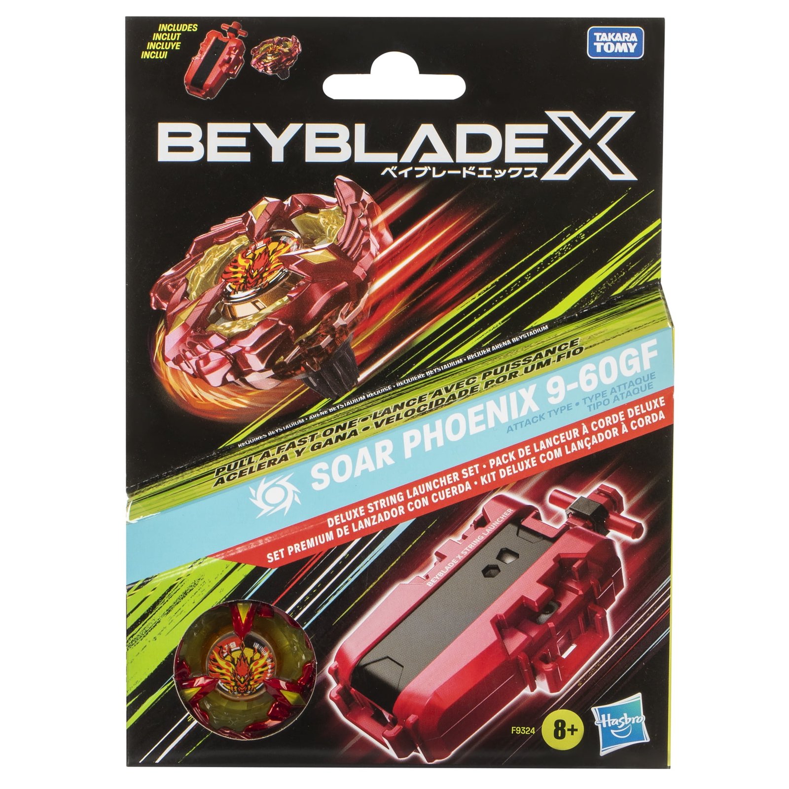 Beyblade X Soar Phoenix 9-60 GF Deluxe String Launcher Set com Red